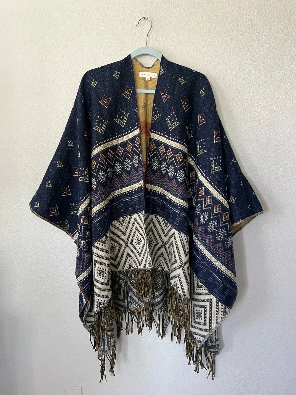 Lovestitch Navy Blue & White Aztec Knit Fringe Poncho Scarf Women's O/S